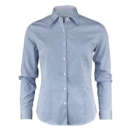 A blue and white striped button-up shirt with a collar and long sleeves, featuring a logo on the fabric.