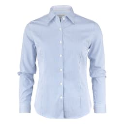 A button-up women's shirt featuring light blue and white stripes, with long sleeves and a collared neckline.