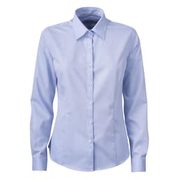 A button-up shirt in light blue with long sleeves and a collar, featuring a logo on the chest.