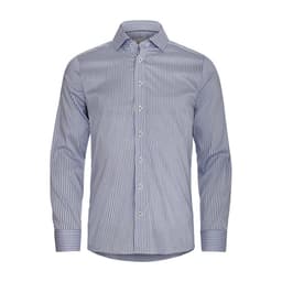 A blue and white checked button-up shirt with a collar and long sleeves. It features a branded logo.