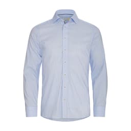 A light blue and white checkered button-up shirt featuring long sleeves and a collar, with a branding logo.