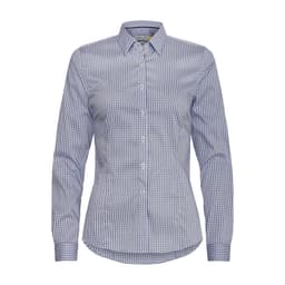 A blue and white checked button-up shirt for women with a collar and long sleeves, featuring a logo.