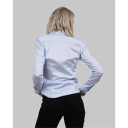 A women's button-up shirt in light blue with a check pattern, featuring a logo on the back.