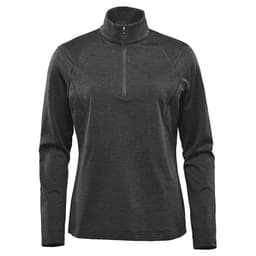 A women's dark grey 1/4 zip pullover featuring long sleeves and a high collar, with a logo on the front.