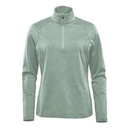A green women's 1/4 zip pullover jumper with long sleeves and a collar. It features a logo on the front.