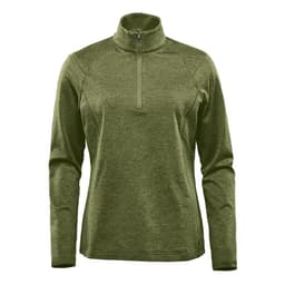 A green women's 1/4 zip pullover jumper features long sleeves and a high collar. It has a logo on the front.