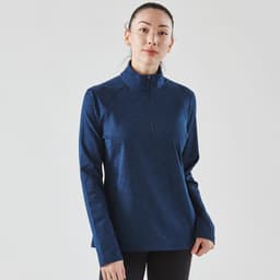 A navy blue 1/4 zip pullover jumper for women with a stand-up collar and long sleeves. It features branding.