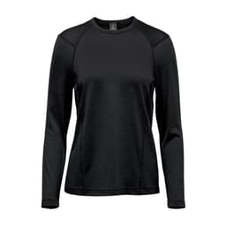 A women's long sleeve crew neck shirt in black with a simple design and a subtle logo.