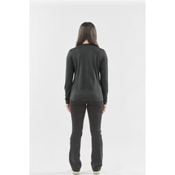 A black long-sleeve crew neck shirt worn by a woman, viewed from the back. The image features a logo on the shirt.