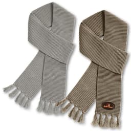 A pair of Ruga Knit Scarves in light grey and olive green, featuring a branded logo and fringed ends.