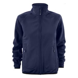 A navy women's softshell fleece hybrid jacket with a zip front and side pockets, featuring a logo.