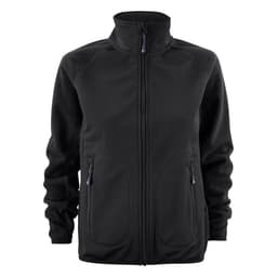 A black softshell fleece hybrid jacket with a zip front and two side pockets, featuring a logo on the chest.