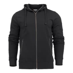 A black zip-up men's hoodie featuring a hood and side pockets, with a logo on the inside neck.