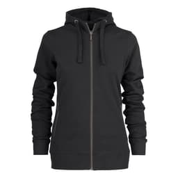 A black zip-up hoodie with a drawstring hood and side pockets, featuring a logo.