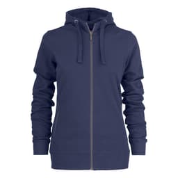 A navy women's hoody featuring a zip front, kangaroo pockets, and a hood. It has a logo on it.