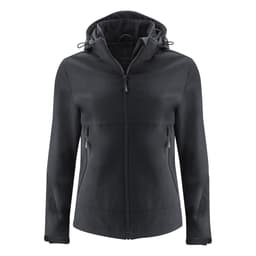 A women's softshell jacket in black with a hood, featuring zip pockets and a sleek design.