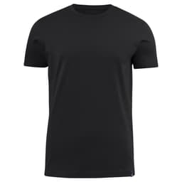 A black men's crew neck T-shirt with a simple design, featuring a small logo at the hem.