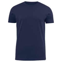 A navy blue crew neck tee featuring short sleeves and a logo on the side.