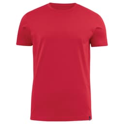 A red crew neck tee featuring short sleeves and a blank front, with a branding logo at the bottom.