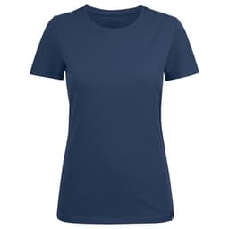 A women's crew neck t-shirt in navy blue with short sleeves and a simple design. It features a logo.