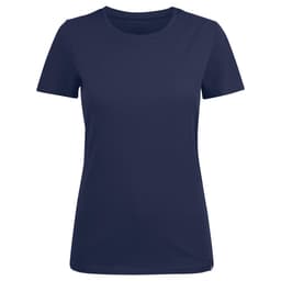 A navy blue women's crew neck tee, featuring short sleeves and a simple design, with a logo on the side.