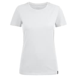A white women's crew neck t-shirt featuring short sleeves and a logo.