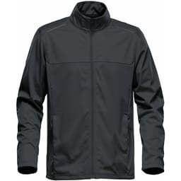 A lightweight men's softshell jacket in dark grey, featuring a zip front and side pockets. Branding included.