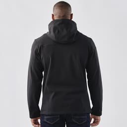 A black softshell hoody for men, featuring a hood and a sleek design, viewed from the back.