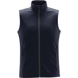 A navy blue softshell vest with a high collar and side zip pockets. It features a logo on the chest.