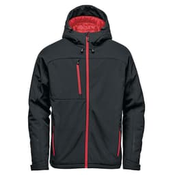 A black insulated softshell jacket with red accents and a hood, featuring zippered pockets and branding.