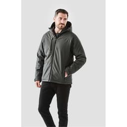 Men's insulated softshell jacket in dark grey, featuring a zippered pocket and a hood. Includes a logo.