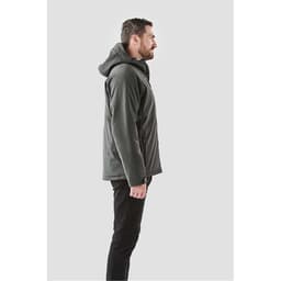 Men's insulated softshell jacket in dark grey, featuring a hood and a side profile view. Includes branding.