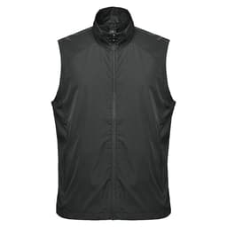 A dark green men's vest with a high collar and zipper, designed as workwear. It features a subtle logo.