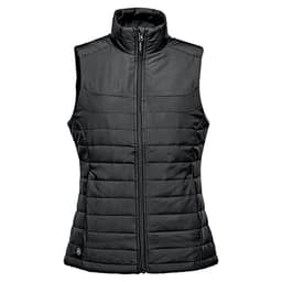 A women's black quilted vest with a high neck and zipper front, featuring a logo on the lower side.