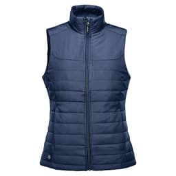 A navy blue women's quilted vest with a high collar and zip front, featuring a logo.