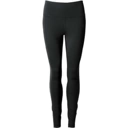 Black women's leggings with a high waistband and a fitted design, featuring a logo on the waistband.