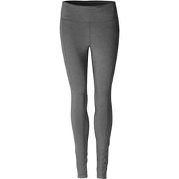 A pair of women's leggings in a dark grey tone with a high waistband. Features a logo on the leg.