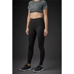A pair of sleek black women's leggings with a high waistband, shown on a model in a casual setting.