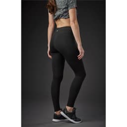 A pair of black women's leggings with a high waist, displayed on a model from a rear angle against a dark background.