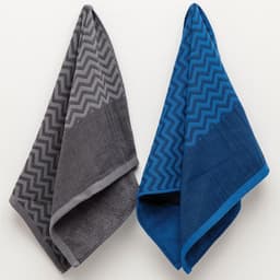 Two gym towels in grey and blue, featuring a zigzag pattern and a hanging pocket for convenience. Each towel has a logo.