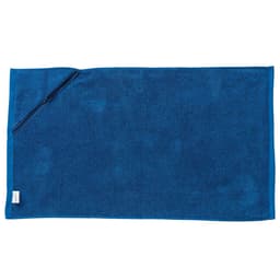 A blue gym towel featuring a pocket and a logo. It's made of soft, absorbent fabric, perfect for workouts.