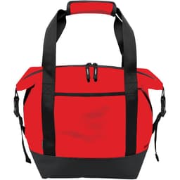 A red cooler bag with black straps features two zippered compartments and a sturdy base. It has a logo on it.