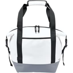 A cooler bag featuring a white body with black straps and accents, designed for portable storage.