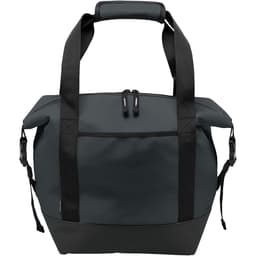 A dark green cooler bag with black handles and a zippered top, featuring a front pocket and a logo.