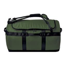 A green duffle bag with black straps and handles, featuring a logo on the side.