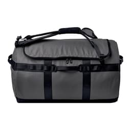 A grey duffle bag with black straps and handles, featuring a logo on the side.