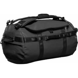 A black duffle bag with a sturdy design, featuring handles and straps, and a logo on the side.