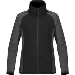 A women's black and grey microfleece jumper with a zip front and high collar, featuring a logo on the side.