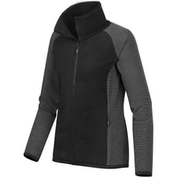 A women's microfleece jumper featuring a black and grey design with a full zipper and a high collar.