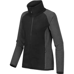 A black and grey women's microfleece jumper with a high collar and zip closure. It features a logo on it.